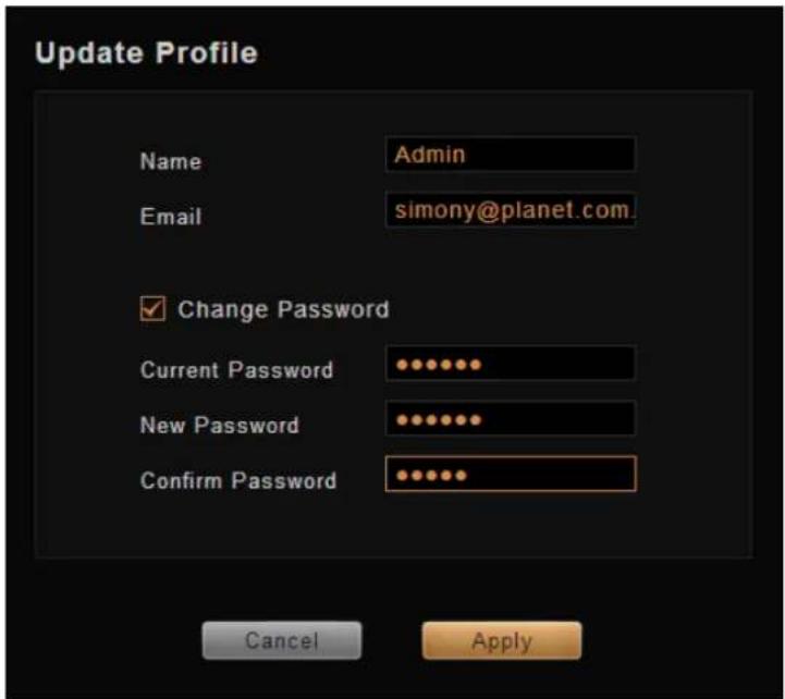 Update Profile Name Admin Email simony@planet.com. ✓ Change Password Current Password New Password Confirm Password Cancel Apply