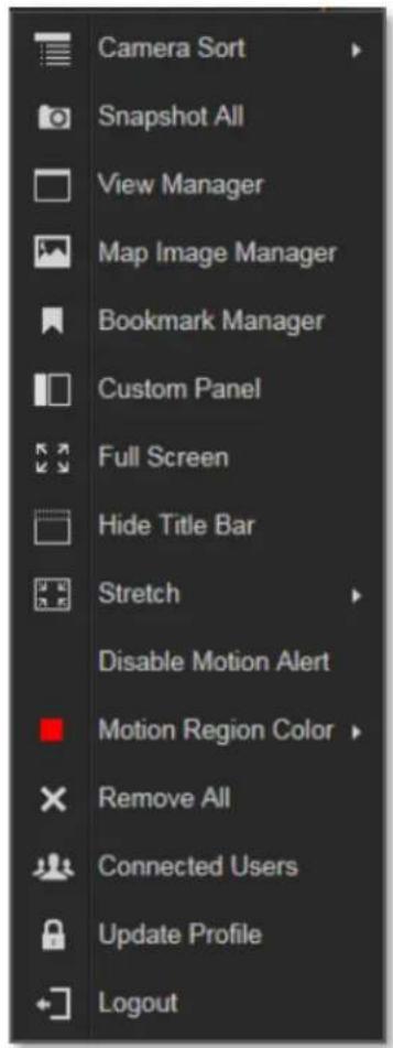 Camera Sort Snapshot All View Manager Map Image Manager Bookmark Manager Custom Panel Full Screen Hide Title Bar Stretch Disable Motion Alert Motion Region Color Remove All Connected Users Update Profile Logout