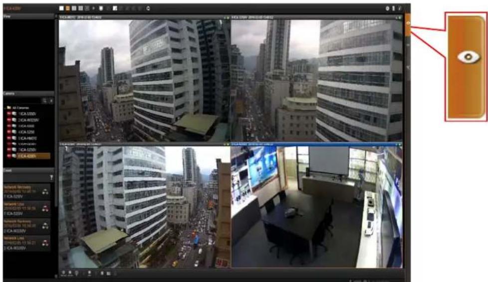 Screenshot of a surveillance camera interface displaying four cityscape photos with overlaid UI elements and a red eye icon highlighting the location.