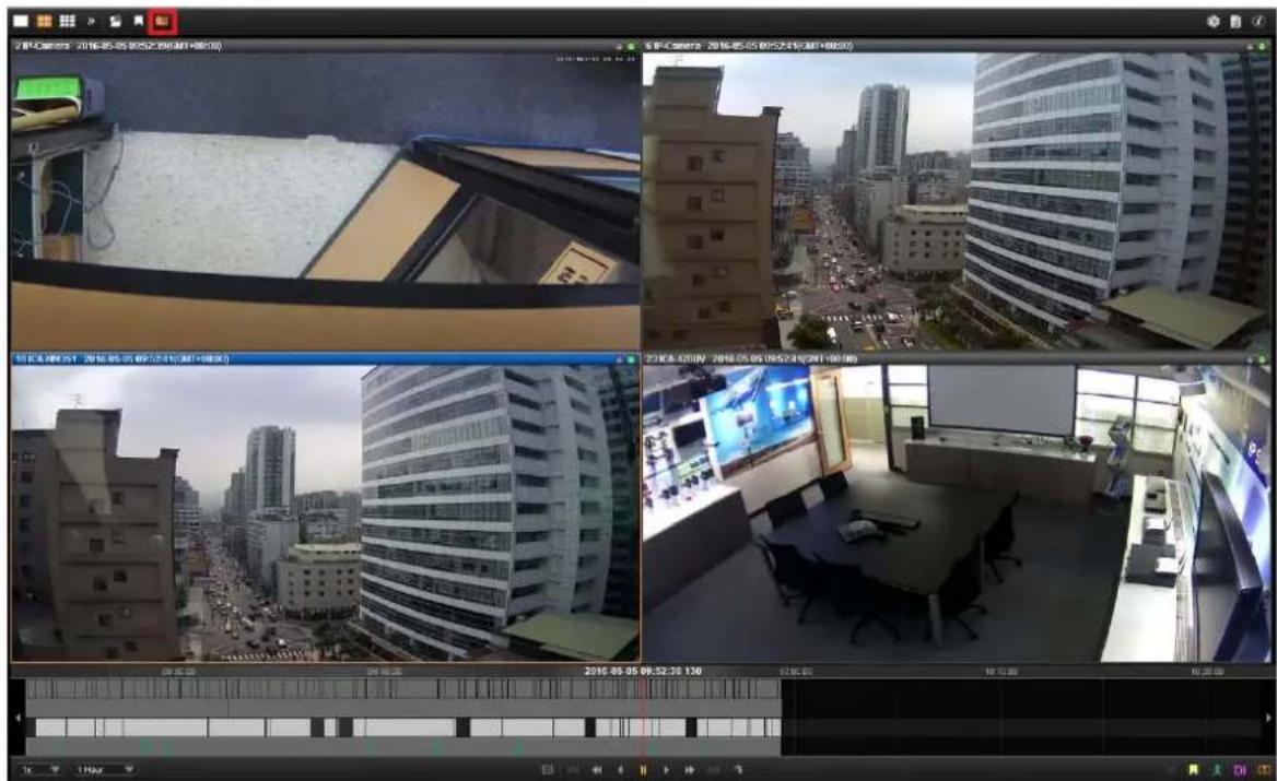 Screenshot of a surveillance camera interface displaying four cityscape photos with timestamps and camera metadata in Chinese.