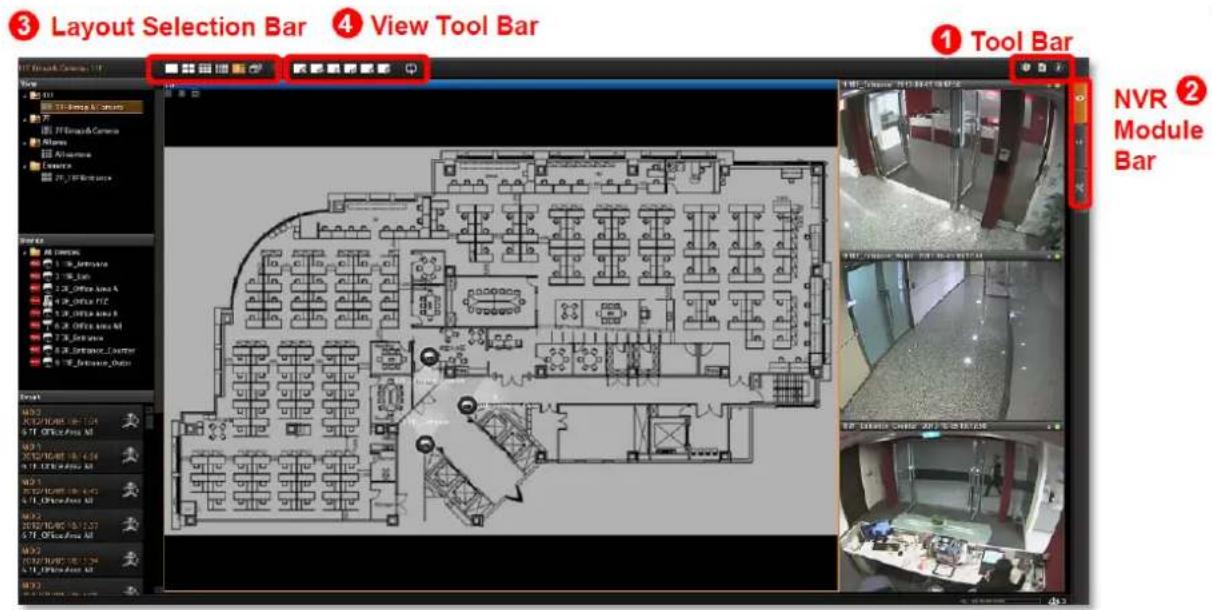 ③ Layout Selection Bar ④ View Tool Bar ① Tool Bar NVR ② Module Bar