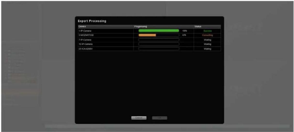 Export Processing Device Progressing Status 1 IP-Camera 100% Success 3 MOZART330 49% Converting 7 IP-Camera 10 IP-Camera 23 ICA-4200V Cancel OK