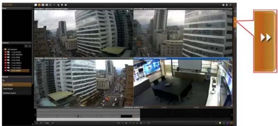 Screenshot of a video surveillance system interface showing multiple cityscape and control panels with Chinese labels and playback button
