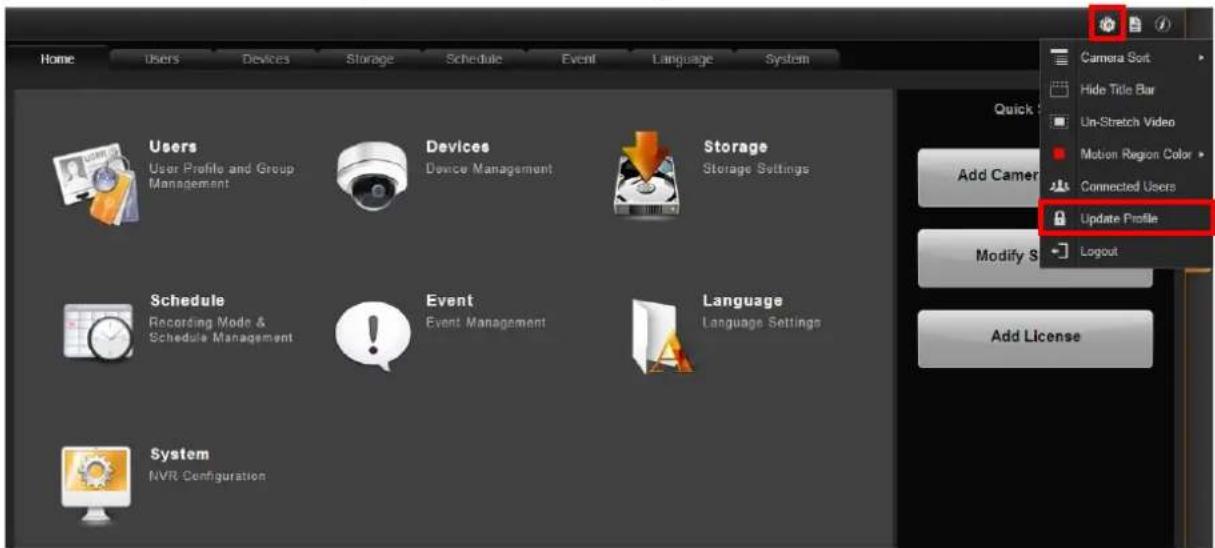 Home Users Devices Storage Schedule Event Language System Users User Profile and Group Management Devices Device Management Storage Storage Settings Schedule Recording Mode & Schedule Management Event Event Management Language Language Settings System NVR Configuration Camera Sort Hide Title Bar Un-Stretch Video Motion Region Color > Connected Users Update Profile Modify S Logout Add Camera Add License