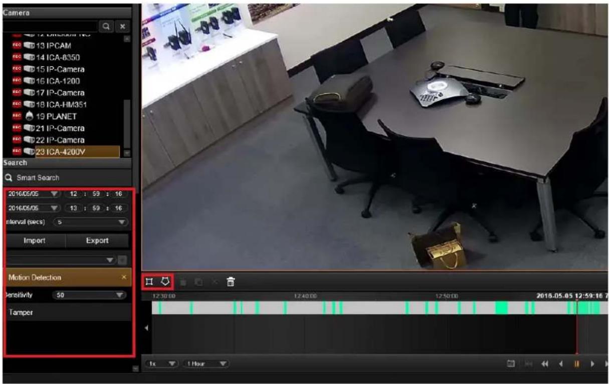 Camera 12 Different ICA 13 IPCAM 14 ICA-8350 15 IP-Camera 16 ICA-1200 17 IP-Camera 18 ICA-HM351 19 PLANET 21 IP-Camera 22 IP-Camera 23 ICA-4200V Search Smart Search 2016/05/05 12 : 59 : 16 2016/05/05 13 : 59 : 16 interval (secs) 5 Import Export Motion Detection Sensitivity 50 Tamper 12:30:00 12:40:00 12:50:00 2018.05.05 12:59:16 7 Tx Hour