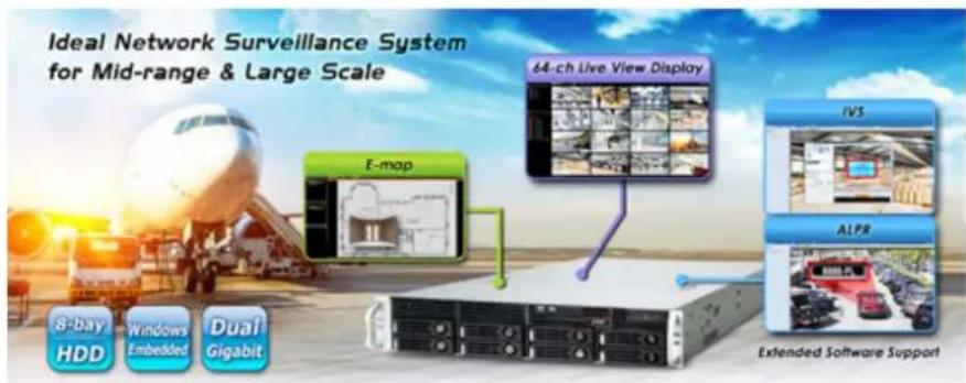 Ideal Network Surveillance System for Mid-range & Large Scale E-mop 64-ch Live View Display 8-bay HDD Windows Embedded Dual Gigabit IVS ALPR Extended Software Support