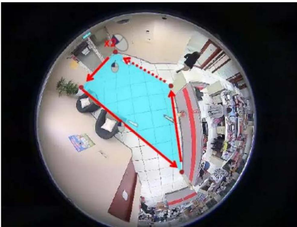 Security camera screenshot showing a blue room interior with red arrows and location markers, surrounded by urban background