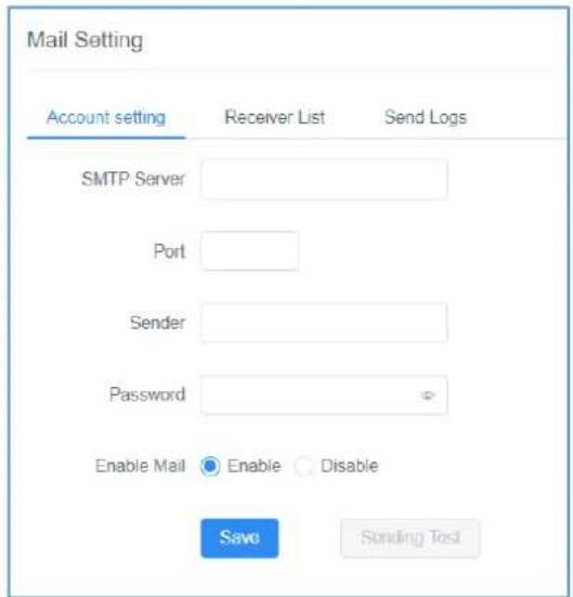 Mail Setting Account setting Receiver List Send Logs SMTP Server Port Sender Password Enable Mail Enable Disable Save Sending Test
