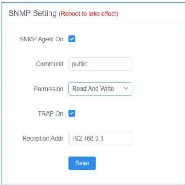 SNMP Setting (Reboot to take effect) SNMP Agent On Communit public Permission Read And Write TRAP On Reception Addr 192.168.0.1 Save