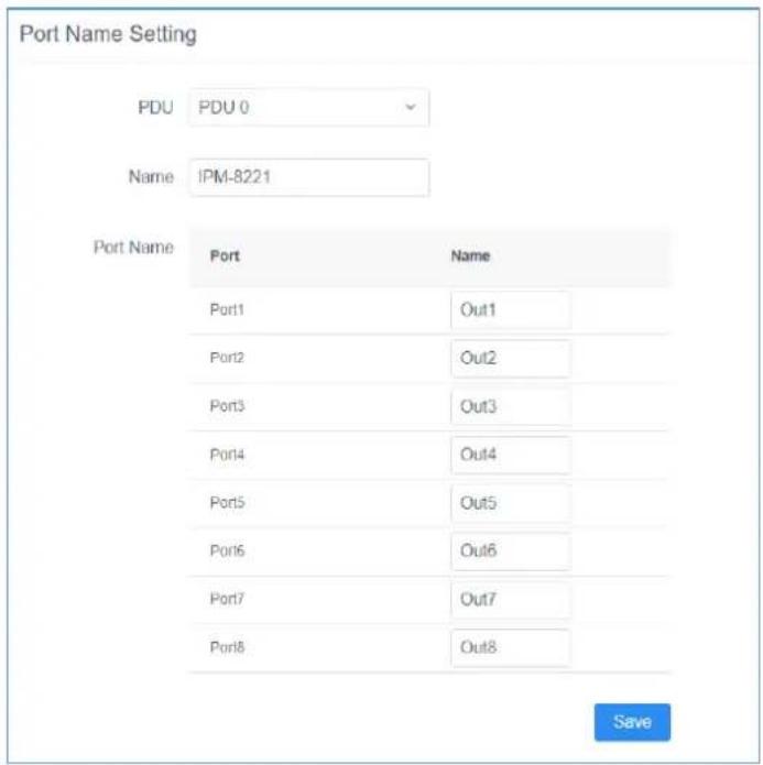 Port Name Setting PDU PDU 0 Name IPM-8221 Port Name Port Name Port1 Out1 Port2 Out2 Port3 Out3 Port4 Out4 Port5 Out5 Port6 Out6 Port7 Out7 Port8 Out8 Save