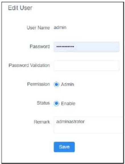 Edit User User Name admin Password .......... Password Validation Permission Admin Status Enable Remark administrator Save