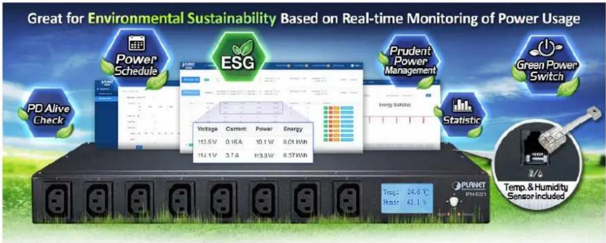 Great for Environmental Sustainability Based on Real-time Monitoring of Power Usage PD Alive Check Power Schedule ESG Prudent Power Management Green Power Switch Energy Statistic Statistic Voltage Current Power Energy 113.5 V 0.16 A 10.1 W 0.01 kWh 114.1 V 3.7 A 113.8 W 0.37 kWh Temp. & Humidity Sensor Included
