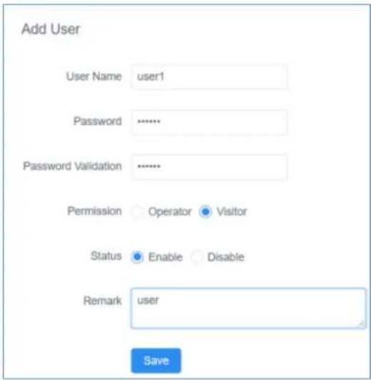 Add User User Name user1 Password .......... Password Validation .......... Permission ○ Operator ● Visitor Status ● Enable ○ Disable Remark user Save