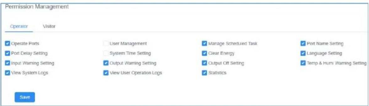 Permission Management Operator Visitor Operate Ports User Management Manage Scheduled Task Port Name Setting Port Delay Setting System Time Setting Clear Energy Language Setting Input Warning Setting Output Warning Setting Output Off Setting Temp & Humi Warning Setting View System Logs View User Operation Logs Statistics Save