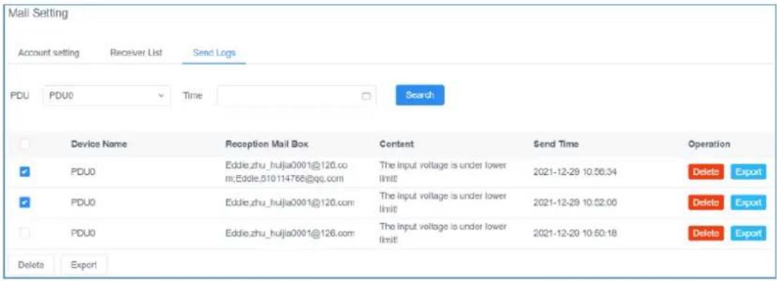 Mail Setting Account setting Receiver List Send Logs PDU PDU0 Time Search Device Name Reception Mail Box Costent Send Time Operation PDU0 Eddie.zhu_huijia0001@126.com Eddie.510114766@qq.com The input voltage is under lower limit 2021-12-29 10:56:34 Delete Export PDU0 Eddie.zhu_huijia0001@126.com The input voltage is under lower limit 2021-12-29 10:52:00 Delete Export PDU0 Eddie.zhu_huijia0001@126.com The input voltage is under lower limit 2021-12-29 10:50:18 Delete Export Delete Export