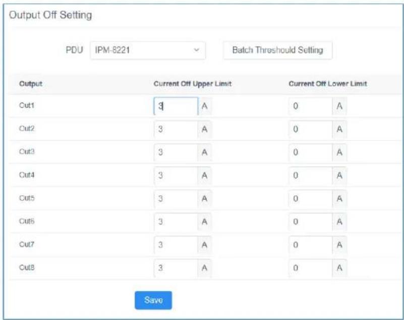Output Off Setting PDU IPM-8221 Batch Threshold Setting Output Current Off Upper Limit Current Off Lower Limit Cut1 3 A 0 A Cut2 3 A 0 A Cut3 3 A 0 A Cut4 3 A 0 A Cut5 3 A 0 A Cut6 3 A 0 A Cut7 3 A 0 A Cut8 3 A 0 A Save