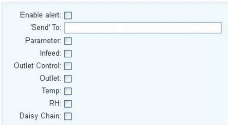 Enable alert: 'Send' To: Parameter: Infeed: Outlet Control: Outlet: Temp: RH: Daisy Chain:
