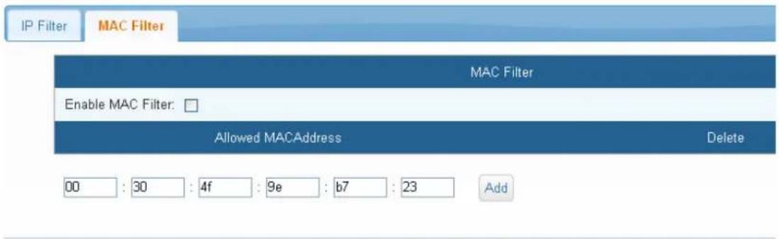 IP Filter MAC Filter MAC Filter Enable MAC Filter: Allowed MACAddress Delete 00 : 30 : 4f : 9e : b7 : 23 Add