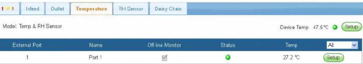 1 • 1 Infeed Outlet Temperature RH Sensor Daisy Chain Model Temp & RH Sensor Device Temp 47.5°C Setup External Port Name Off-line Monitor Status Temp All 1 Port 1 27.2 °C Setup