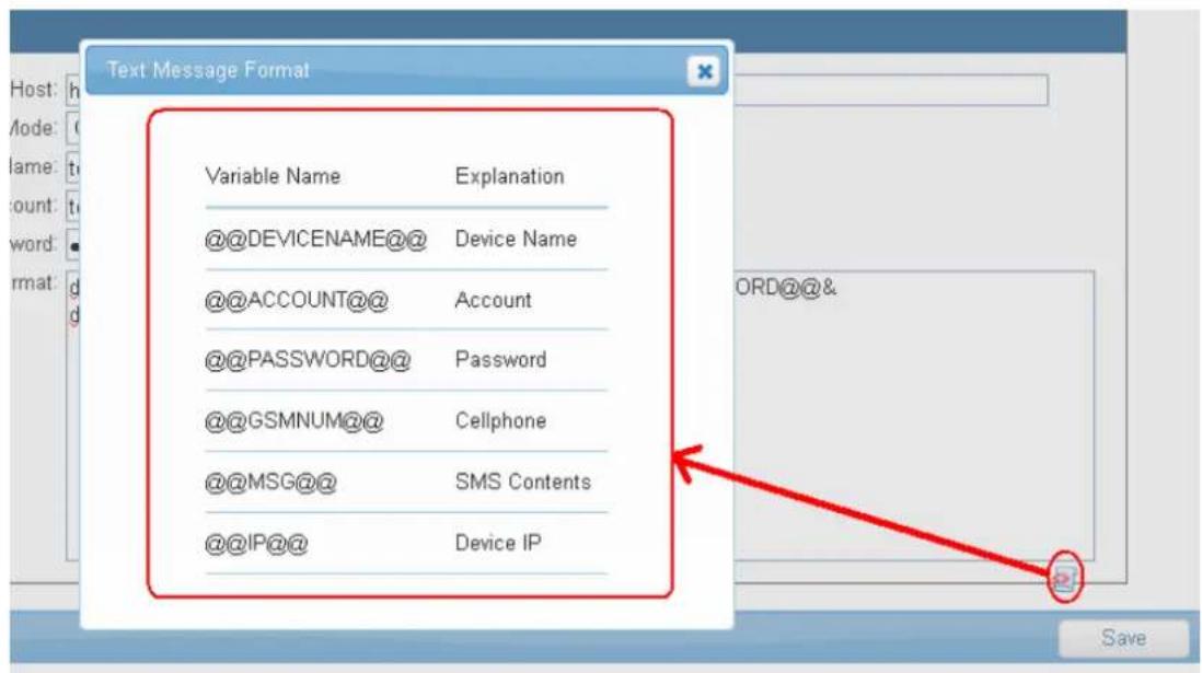Text Message Format Variable Name Explanation @@DEVICENAME@@ Device Name @@ACCOUNT@@ Account @@PASSWORD@@ Password @@GSMNUM@@ Cellphone @@MSG@@ SMS Contents @@IP@@ Device IP ORD@@& Save