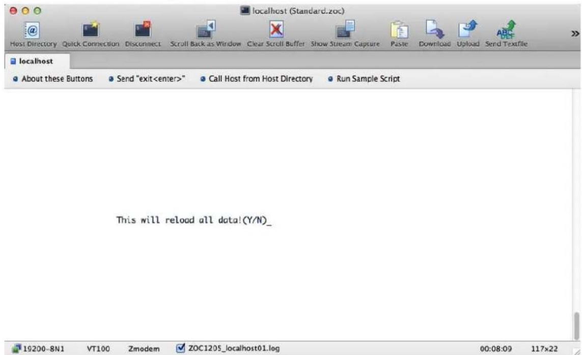 localhost (Standard.zoc) Host Directory Quick Connection Disconnect Scroll Back as Window Clear Scroll Buffer Show Stream Capture Paste Download Upload Send Textfile localhost About these Buttons Send "exit" Call Host from Host Directory Run Sample Script This will reload all data!(Y/N)_19200-8N1 VT100 Zmodem ZOC120S_localhost01.log 00:08:09 117x22
