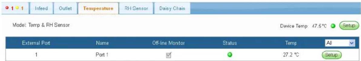 1 1 Infeed Outlet Temperature RH Sensor Daisy Chain Model Temp & RH Sensor Device Temp: 47.5°C Setup External Port Name Off-line Monitor Status Temp AI 1 Port 1 27.2 °C Setup