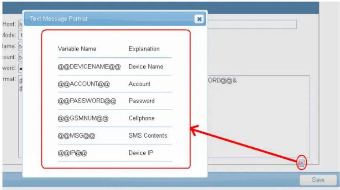Text Message Format Variable Name Explanation @@DEVICENAME@@ Device Name @@ACCOUNT@@ Account @@PASSWORD@@ Password @@GSMNUM@@ Cellphone @@MSG@@ SMS Contents @@IP@@ Device IP ORD@@& Save