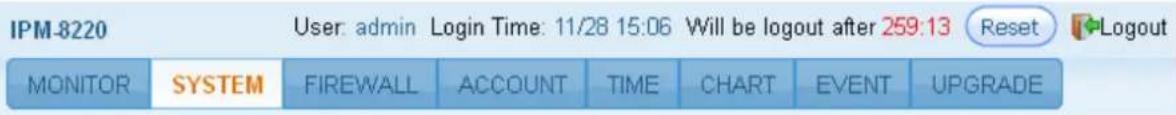 IPM-8220 User: admin Login Time: 11/28 15:06 Will be logout after 259:13 Reset Logout MONITOR SYSTEM FIREWALL ACCOUNT TIME CHART EVENT UPGRADE