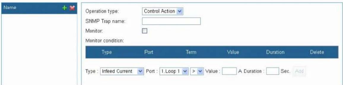 Name Operation type: Control Action SNMP Trap name: Monitor: Monitor condition: Type Port Term Value Duration Delete Type : Infeed Current Port : 1. Loop 1 > Value : A Duration : Sec. Add