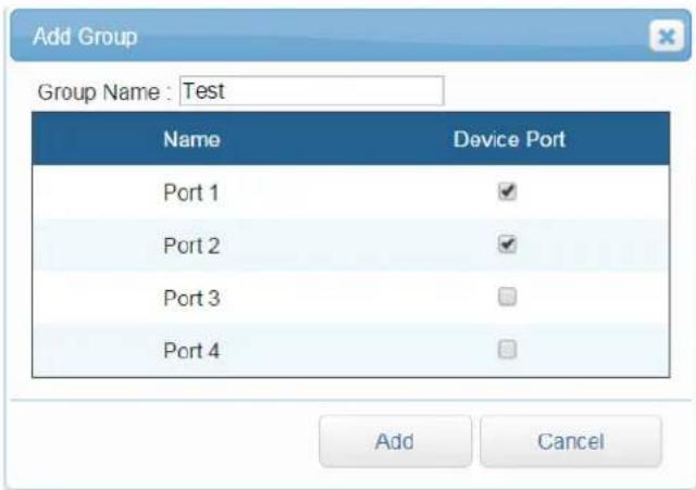 Add Group Group Name : Test Name Device Port Port 1 ✓ Port 2 ✓ Port 3 □ Port 4 □ Add Cancel