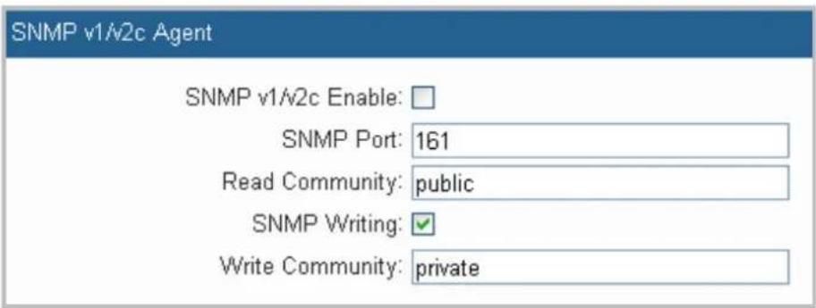 SNMP v1/v2c Agent SNMP v1/v2c Enable: SNMP Port: 161 Read Community: public SNMP Writing: Write Community: private