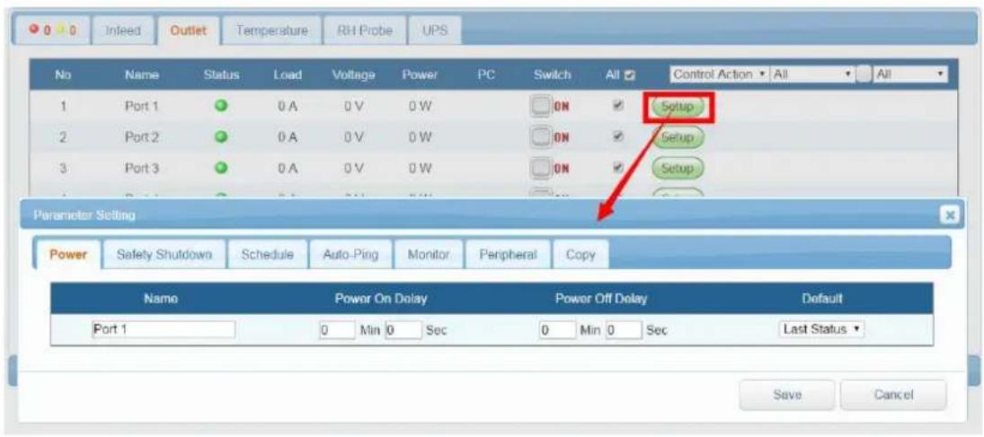 No Name Status Load Voltage Power PC Switch All Control Action All All 1 Port 1 0 A 0 V 0 W ON Setup 2 Port 2 0 A 0 V 0 W ON Setup 3 Port 3 0 A 0 V 0 W ON Setup 4 Port 4 0 A 0 V 0 W OK Parameter Setting Power Safety Shutdown Schedule Auto-Ping Monitor Peripheral Copy Name Power On Delay Power Off Delay Default Port 1 0 Min 0 Sec 0 Min 0 Sec Last Status Save Cancel