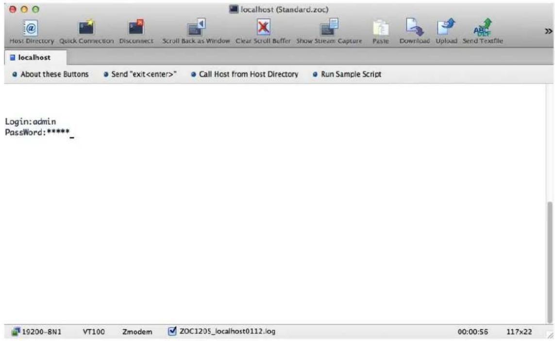 localhost (Standard.zoc) Host Directory Quick Connection Disconnect Scroll Back as Window Clear Scroll Buffer Show Stream Capture Paste Download Upload Send Textfile localhost About these Buttons Send "exit" Call Host from Host Directory Run Sample Script Login:admin PassWord:*****_