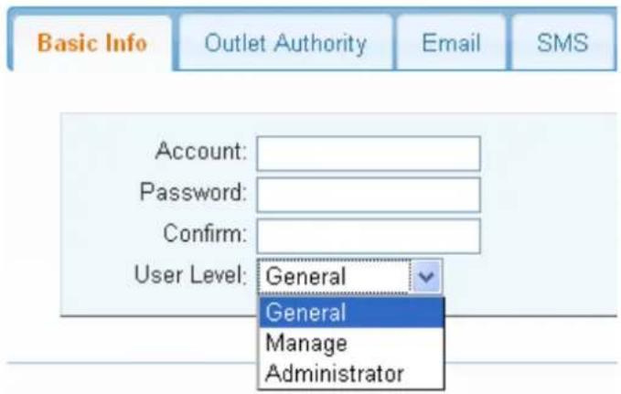 Basic Info Outlet Authority Email SMS Account: Password: Confirm: User Level: General General Manage Administrator