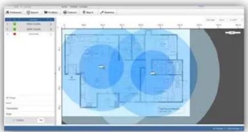 Screenshot of a software interface displaying a floor plan with blue circular annotations and tool panels.
