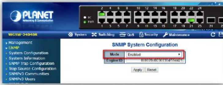 PLANET Networking & Destination WGSW-24040R Management SNMP System Configuration System Information SNMP Trap Configuration Trap Source Configuration SNMPv3 Communities SNMPv3 Users SNMP System Configuration Mode Enzblad Engine ID 800026880300304955421 Apply Reset