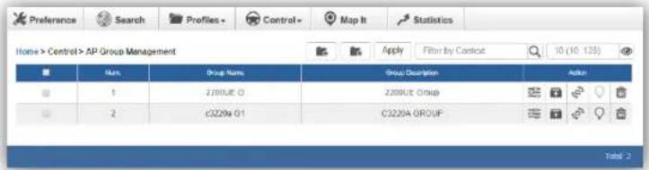 Preference Search Profiles+ Control+ Map It Statistics Home > Control > AP Group Management Apply Filter by Cartout 10 (10, 125) Main Group Name Group Description Action 1 2780UE O 2780UE Group 2 C3229A G1 C3229A GROUP Table 2