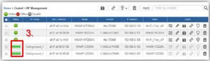 Name > Control > AP Management Online Options Enable Value AF Group MAC Control Mode Version IP Address Name Apply Filter by Control 3. Ceiling-mount_1 ab7 0:00:01:00 WDAP-W7203AC tfp-170406 192.168.0.119 WAF_11ac_AP Ceiling-mount_1 ab7 0:00:05:00 WNAP-W2031A 1.345bc+170407 192.168.0.101 WNAP-W2031A Ceiling-mount_1 ab7 0:00:05:00 WDAP-W7203AC tfp-170406 192.168.0.105 WAF_11ac_AP Ceiling-mount_1 ab7 0:00:05:00 WNAP-C3220A 1.345bc+170408 192.168.0.102 WNAP-C3220A Ceiling-mount_1 ab7 0:00:05:00 WNAP-C3220A 1.345bc+170408 192.168.0.103 WNAP-C3220A