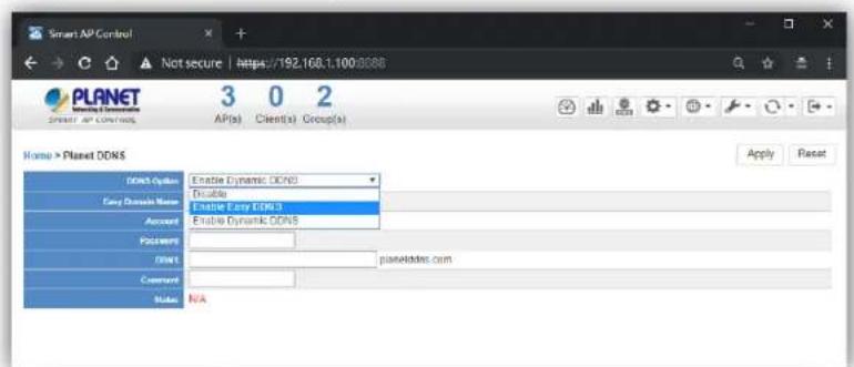 Smart AP Control Not secure | https://192.168.1.100/3088 PLANET SPRING AP CONTROL 3 0 2 AP(s) Client(s) Group(s) Name > Planet DDNS Enable Dynamic DDNS Enable Enable Easy DDNS Enable Dynamic DDNS Accessories DNS planeidder.com Comment Status N/A Apply Reset
