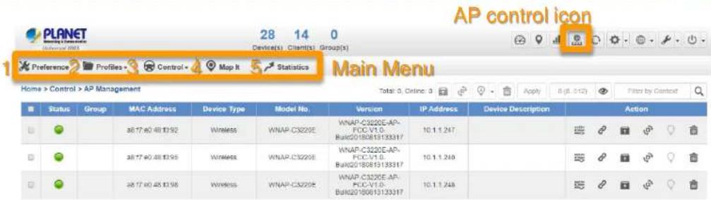 AP control icon Device(s) Client(s) Group(s) Preference Profiles Control Map R Statistics Home > Control > AP Management Total: 0, Online: 0 Apply 0 (8.512) Filters by Contact Status Group MAC Address Device Type Model No. Version IP Address Device Description Action 36.17.40.48.13.92 Wireless WNAP-C3220E WNAP-C3220E-AP- FCC-V1.0-Bulk20180613133317 10.1.1.247 36.17.40.48.13.95 Wireless WNAP-C3220E WNAP-C3220E-AP- FCC-V1.0-Bulk20180613133317 10.1.1.248 36.17.40.48.13.96 Wireless WNAP-C3220E WNAP-C3220E-AP- FCC-V1.0-Bulk20180613133317 10.1.1.248