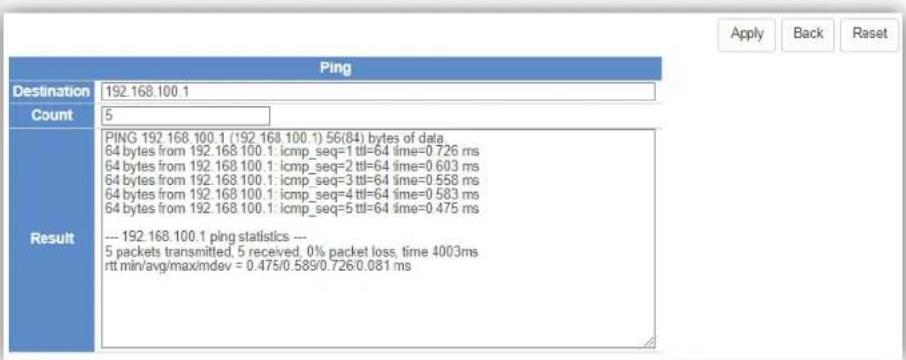 Ping Destination 192 168.100.1 Count 5 Result PING 192.168.100.1 ('192.168.100.1) 56(84) bytes of data. 64 bytes from 192.168.100.1: icmp_seq=1 ttl=64 time=0.726 ms 64 bytes from 192.168.100.1: icmp_seq=2 ttl=64 time=0.603 ms 64 bytes from 192.168.100.1: icmp_seq=3 ttl=64 time=0.558 ms 64 bytes from 192.168.100.1: icmp_seq=4 ttl=64 time=0.583 ms 64 bytes from 192.168.100.1: icmp_seq=5 ttl=64 time=0.475 ms --- 192.168.100.1 ping statistics --- 5 packets transmitted, 5 received, 0% packet loss, time 4003ms rtt min/avg/max/mdev = 0.475/0.589/0.726/0.081 ms Apply Back Raset