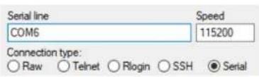 Serial line COM6 Speed 115200 Connection type: Raw Telnet Rlogin SSH Serial