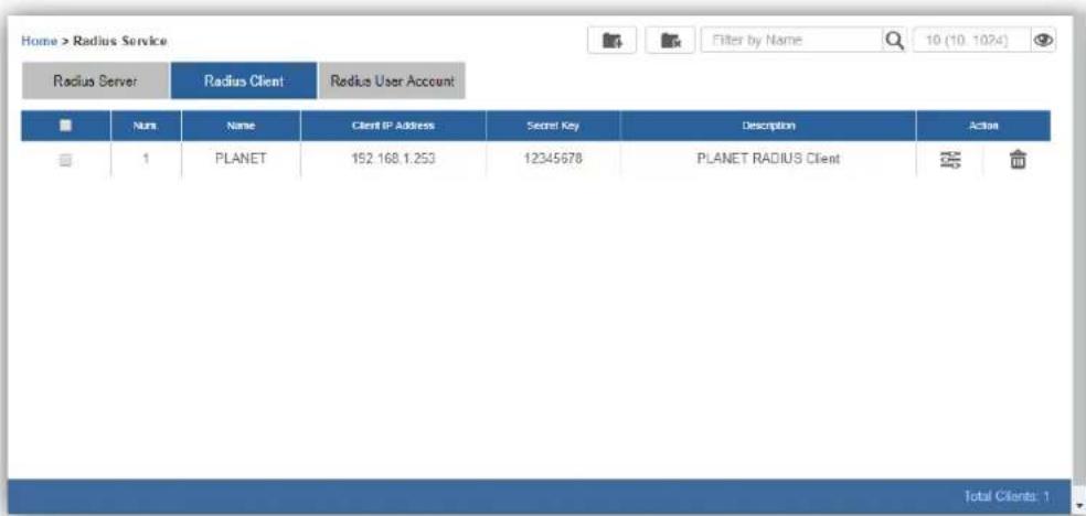 Home > Radius Service Radius Server Radius Client Radius User Account ■ Null Name Client IP Address Secret Key Description Action □ 1 PLANET 192.168.1.253 12345678 PLANET RADIUS Client Total Clients: 1
