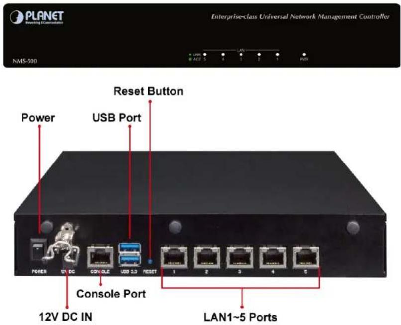 PLANET Reasuring Communications Enterprise-class Universal Network Management Controller NMS-500 Power Reset Button USB Port POWER 5V DC Console Port 12V DC IN LAN1~5 Ports Reset Button 1 2 3 4 5
