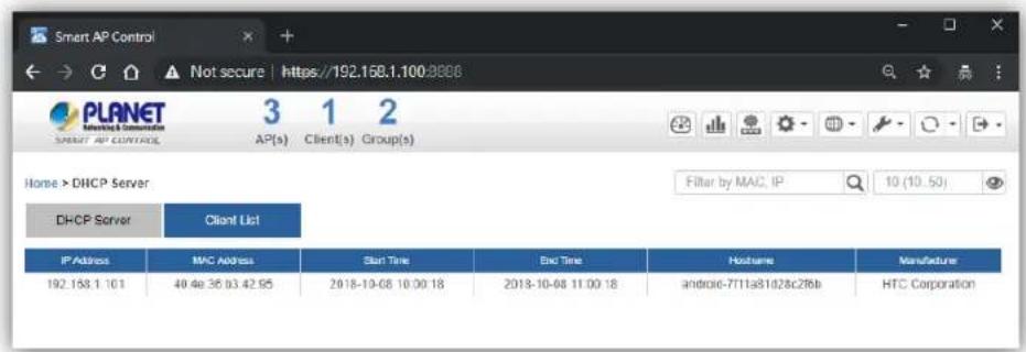 Smart AP Control Not secure | https://192.158.1.100:8806 PLANET Smart AP CONTROL 3 1 2 AP(s) Client(s) Group(s) Home > DHCP Server Filter by MAC, IP 10 (10.50) DHCP Server Client List IP Address MMC Address Start Time Excl Time Hostane Manufacture 192.158.1.101 40 4e 35 b3 42 95 2018-10-08 10:00:18 2018-10-08 11:00:18 android-7T11a81d28c2f6b HTC Corporation