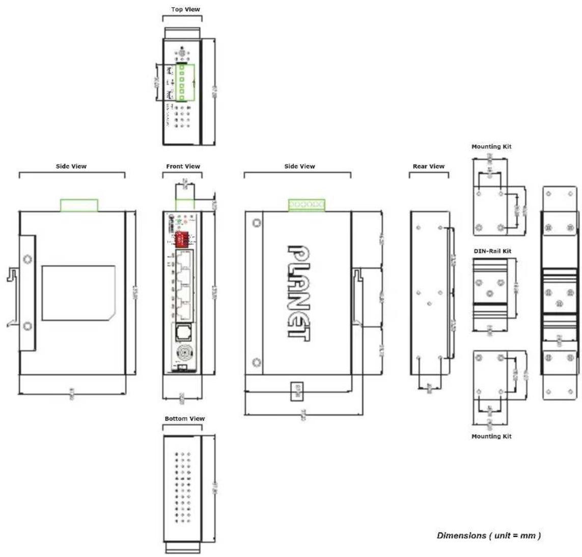 Top View Side View Front View Side View Rear View Mounting Kit PLANET DIN-Rail Kit Mounting Kit Bottom View Dimensions ( unit = mm ) 0.125 mm
