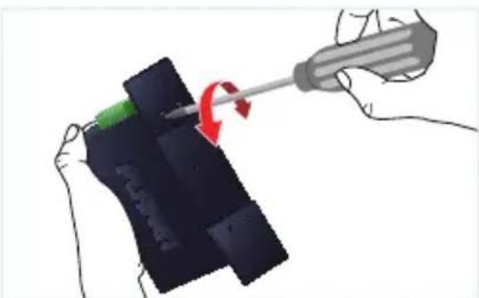 Illustration of a hand using a screwdriver to press down a device component (no text or symbols visible)