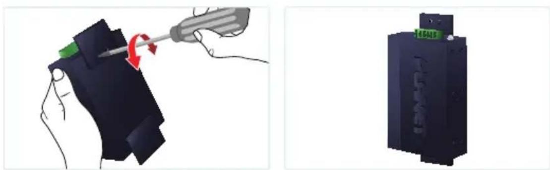 Illustration showing a hand using a screwdriver to press down a device component, with no visible text or symbols.