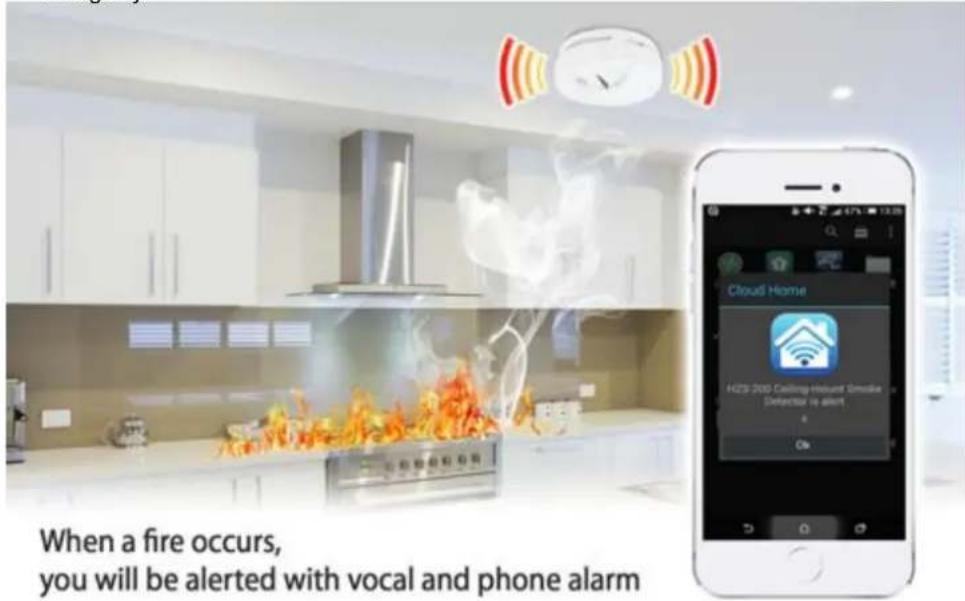When a fire occurs, you will be alerted with vocal and phone alarm Cloud Home H23 200 Ceiling Hallust Smoke Detector is alert