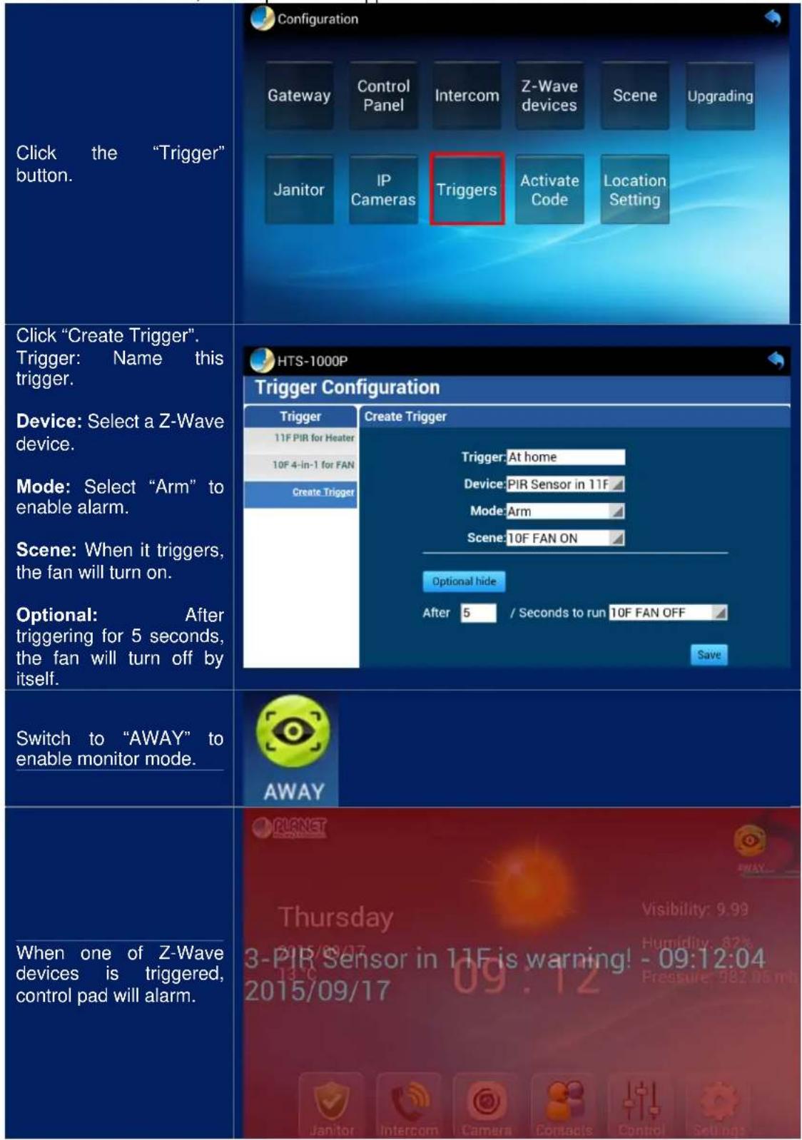 Click the "Trigger" button. Click "Create Trigger". Trigger: Name this trigger. Device: Select a Z-Wave device. Mode: Select "Arm" to enable alarm. Scene: When it triggers, the fan will turn on. Optional: After triggering for 5 seconds, the fan will turn off by itself. Switch to "AWAY" to enable monitor mode. When one of Z-Wave devices is triggered, control pad will alarm. Configuration Gateway Control Panel Intercom Z-Wave devices Scene Upgrading Janitor IP Triggers Activate Location Cameras Code Setting HTS-1000P Trigger Configuration Trigger 11F PIR for Heater 10F 4-in-1 for FAN Create Trigger Create Trigger Trigger: At home Device: PIR Sensor in 11F Mode: Arm Scene: 10F FAN ON Optional hide After 5 / Seconds to run 10F FAN OFF Save AWAY Thursday 3-PIR Sensor in 11F is warning! - 09:12:04 2015/09/17 Visibility: 9.99 Humidity: 82% Pressure: 982.06 ml